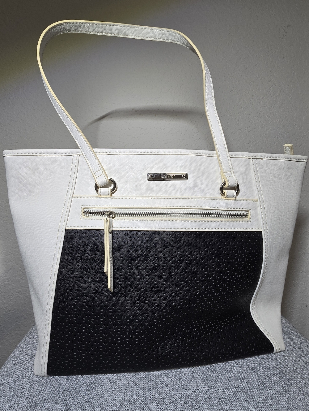 NINE WEST white & Black Perforated Tote Bag with Zip Pocket
